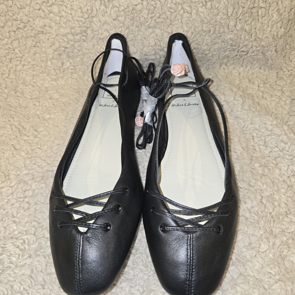 Dolce Vita X For Love And Lemons Black Flats with Pink Rose Detail Size 11